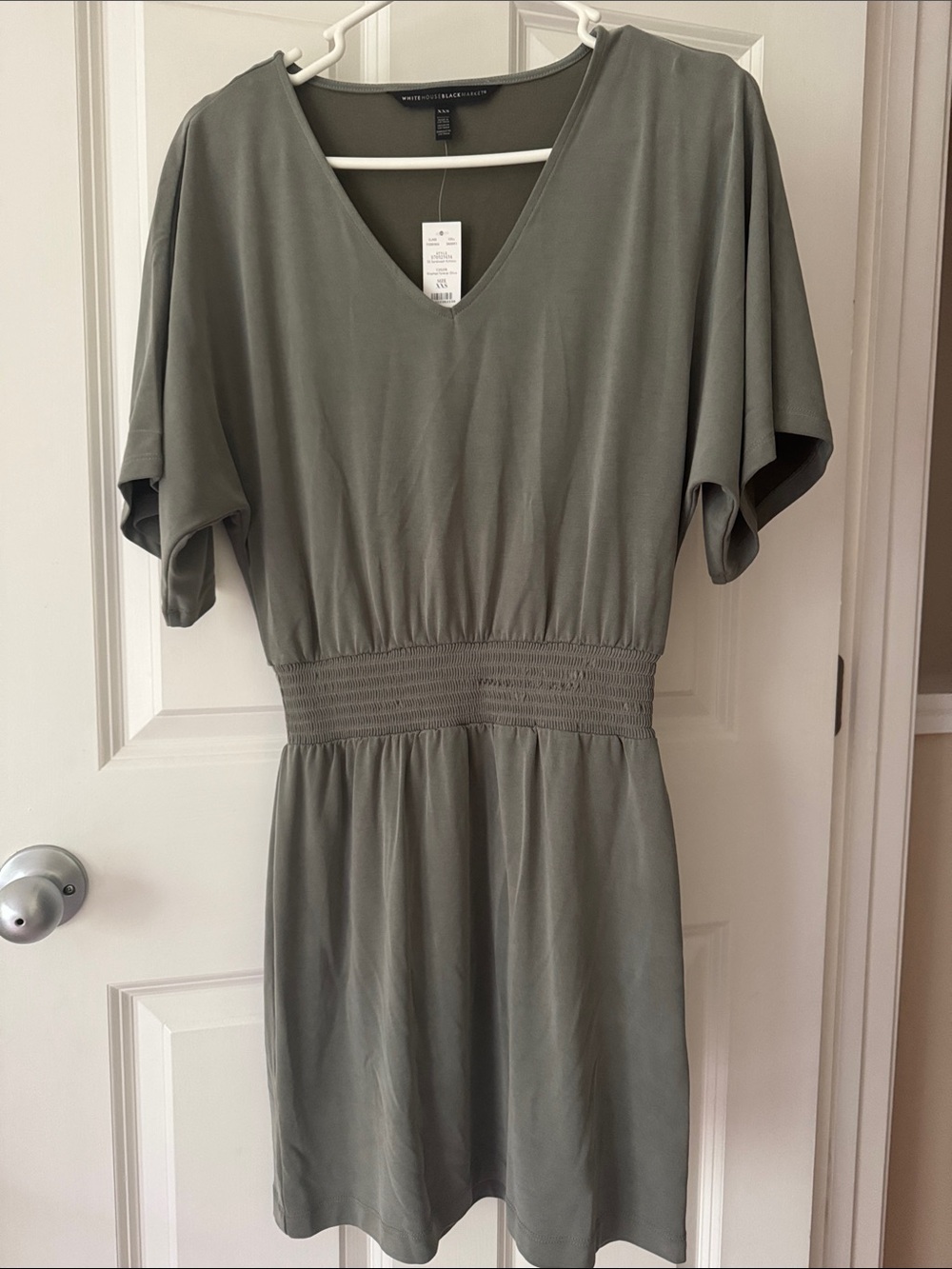 White House Black Market Sage Green V-Neck Smocked Waist Mini Dress